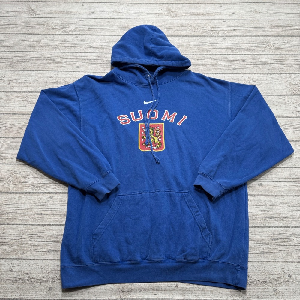 Nike Hoodie Men's Large Blue Fleece Lined Athletic Suomi Finland Pullover Sporty
